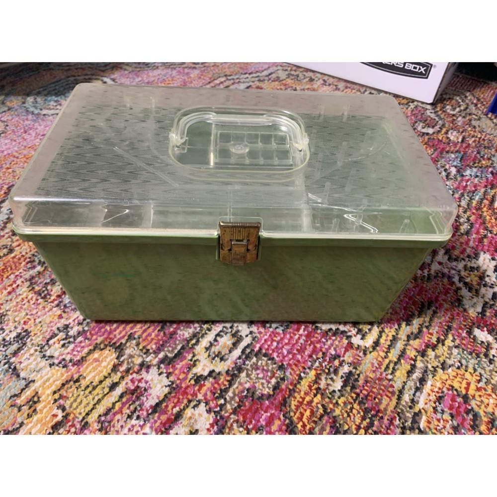 Vintage Wil-Hold Wilson Sewing Box Avocado Green Plastic With Trays USA